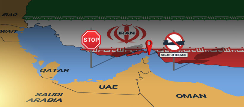 Vector 3D geographic banner. Volumetric graphic map of Middle East. Flag of Iran. Closed Strait of Hormuz. Prohibitory signs. Stop, ban oil tankers and gas carriers. Iranian flag. Infographic