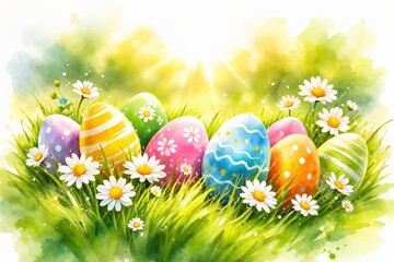 Dekorative Ostereier im Fr&uuml;hlingsgras mit G&auml;nsebl&uuml;mchen, sonnig und farbenfroh inszeniert &ndash; ideales Motiv f&uuml;r Osterwerbung, Karten und saisonale Designs.