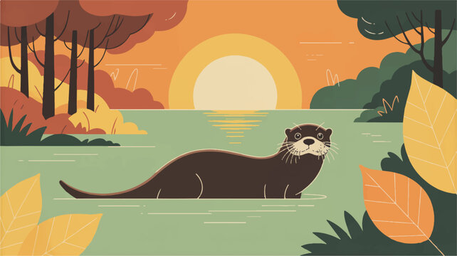 A stylized illustration of an otter in a serene nature scene at sunset. The otter is rendered in dark brown silhouette, positioned in the center of a light green river (3)_traced