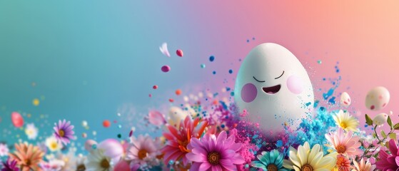 Fototapeta premium Smiling white Easter egg exploding with vibrant color powder among blooming flowers, clean gradient background with dynamic particles, energetic spring concept in glossy high detail 3D illustration.