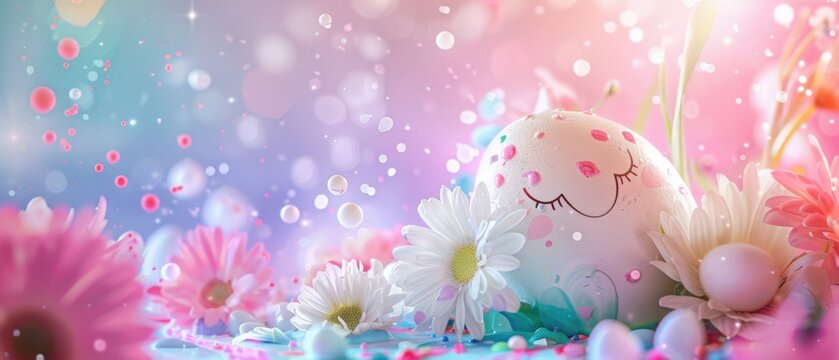Soft pastel Easter egg with closed eyes resting among delicate spring flowers and floating bokeh particles, dreamy gradient background in pink and blue tones, romantic 3D render for seasonal greeting 