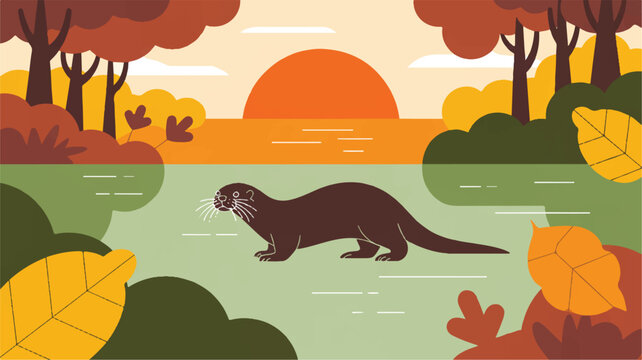 A stylized illustration of an otter in a serene nature scene at sunset. The otter is rendered in dark brown silhouette, positioned in the center of a light green river (4)_traced