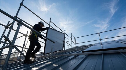 Naklejka premium Workers installing solar panels on a rooftop