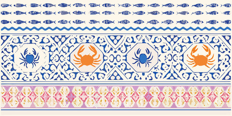 Repeating pattern of fish crabs and geometric designs in blue and orange © Sudebi