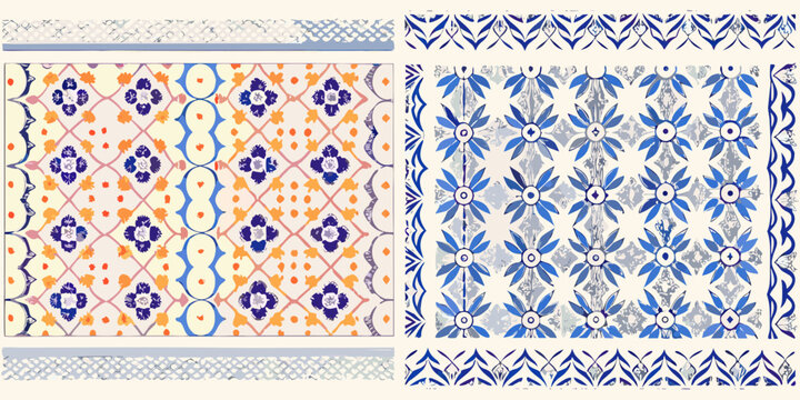 Four panels of ornate portuguese azulejo tile patterns displayed together