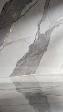Vertical video: Tilting cam showing white gray marble gold veins and glossy seam mirror in showroom