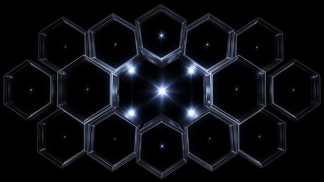 Hexagonal cells with glowing centers in a futuristic grid pattern on a dark background slow motion video