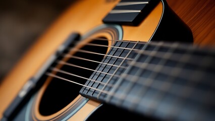 Fototapeta premium headstock. A detailed close-up of an acoustic guitar, focusing on its wooden texture and artistic craftsmanship. tutorial guides, club newsletters, designed for sports & leisure club marketing.
