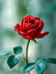 Vibrant red rose in full bloom with lush green leaves standing gracefully against a softly blurred natural background in soft focus photography style