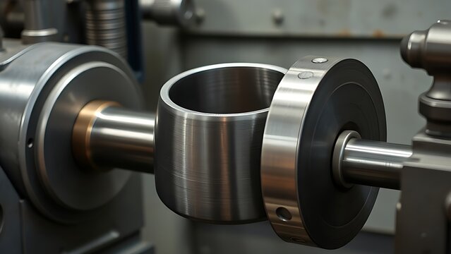 mandrel. A conical metal lathe mandrel rotating with an unfinished tube sleeve fitted over it. safety posters, maintenance manuals, designed for precision metalworking and fabrication facilities.