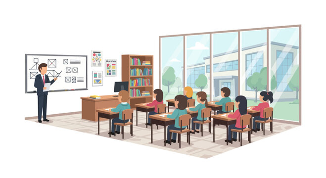 Teacher instructing students in a modern classroom with large windows overlooking school building