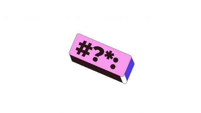 Special characters input rectangular block floating cartoon object animation. Password complexity error. Secure code. Pink login failed entry animated flat colorful item 4K video isolated on white