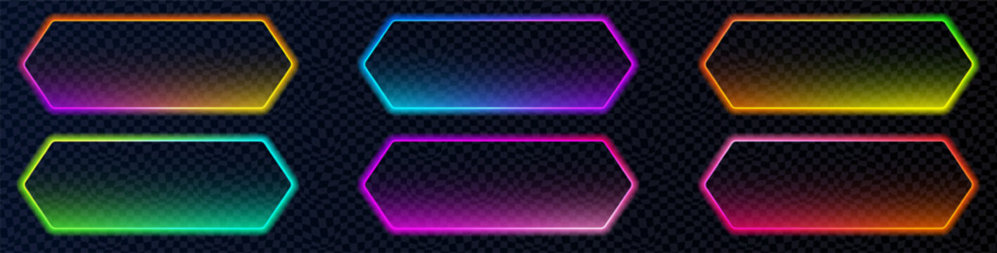 Vibrant blue, pink and green neon tag in compressed hexagon form with radiant outline. Ideal for neon action call signs, promo labels, game UI elements and digital web layouts.