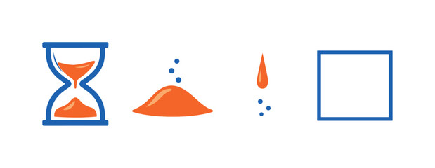 Fototapeta premium Two-Color vector icons of minimal time essence: plain hourglass outline, simple sand mound, single falling grain, clean frame