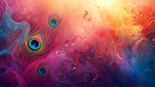Peacock feather themed devotional background with radiant Holi inspired artistic composition