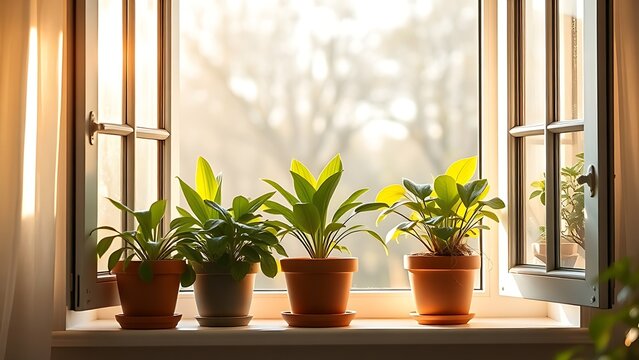 hesperidium. Potted plants being moved to a sunny windowsill with warm morning light. lifestyle magazines, social media lookbooks, designed for influencer and brand collaborations.
