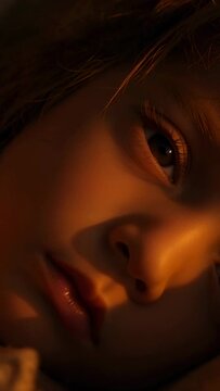 Vertical video: Eyelid twitching female opening eye on pillow under warm amber light focusing ahead