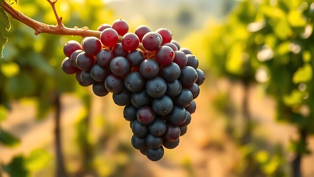 generality. A single cluster of Cabernet Sauvignon grapes glistening with dew in a vineyard under soft sunlight. gardening catalogs, home-decor guides, designed for home decor and floral branding.