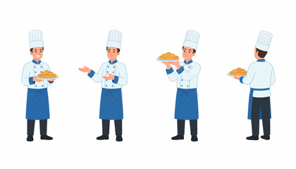 Four different poses of a male chef character in uniform holding a plate of food, presenting and gesturing.