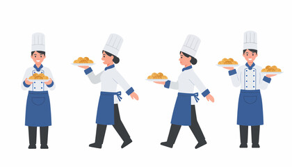 Four cartoon chefs in uniform holding plates of food, standing and walking.