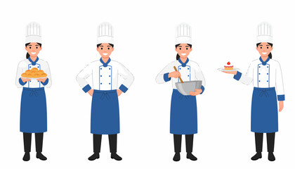 Set of four cartoon female chefs in blue and white uniforms, showcasing different cooking and baking actions, holding bread and dessert.