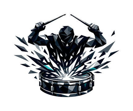 Dynamic Drummer Impact. Low-poly vector illustration of a drummer breaking through into a thunderous hit, sticks completing a