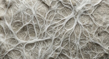 Intricate macro image of white mycelium network resembling organic neural pattern, ideal for biotechnology, sustainable innovation and future material concepts.