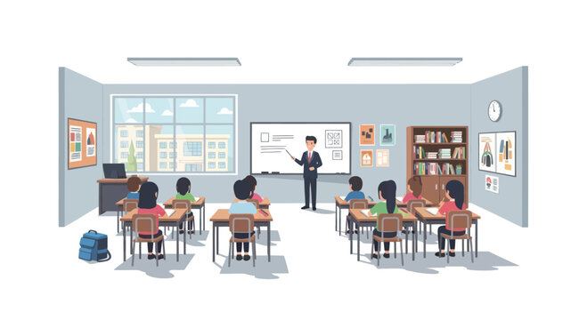 Teacher instructing students in a bright, modern classroom with whiteboard and bookshelves.