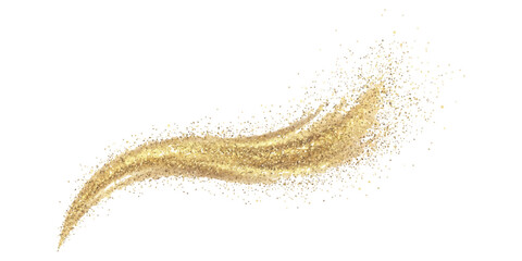 Golden glitter wave with shiny sand particles swirling on white background luxury decorative element vector illustration for design projects © GraphixEra
