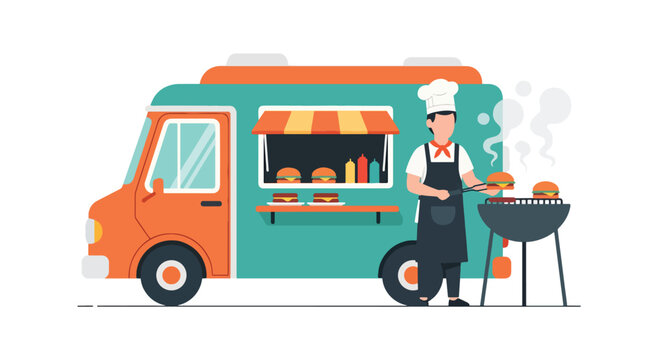 Modern flat vector illustration of burger food truck at night street market with chef grilling and customers waiting. Urban fast food mobile restaurant concept with lively evening outdoor dining scene