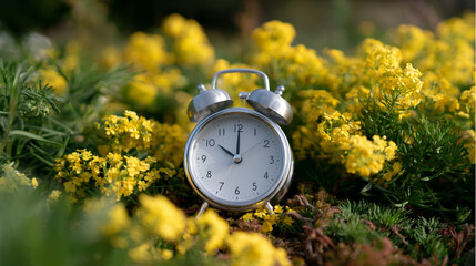 Vintage alarm clock resting among yellow garden flowers