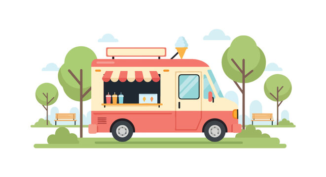 Modern flat vector illustration of ice cream food truck in public park with families buying sweet dessert. Mobile dessert vendor concept with cheerful outdoor leisure, summer snack and lifestyle scene