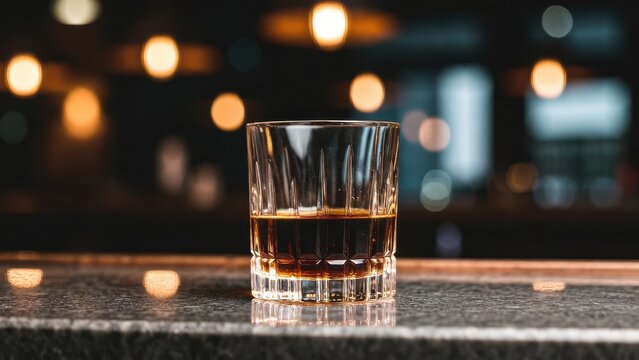 Herbal Aperitif Culture: Fernet glass filled with herbal bitter liqueur placed on polished bar counter
