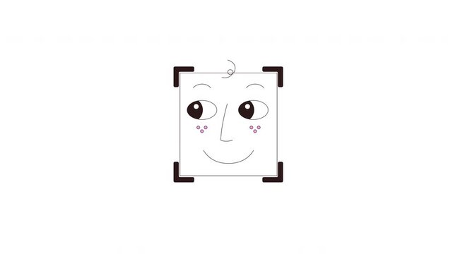 Cute face ID recognition frame outline 2D object animation. Cyber authentication. Biometric facial user identity within square scan area animated element line monochrome 4K video isolated on white