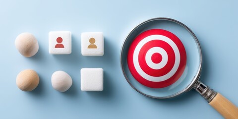 Focus on Targeted Goals: A high-angle perspective showcasing a magnifying glass zeroing in on a target, representing goal-setting and strategic planning in a business or project. 
