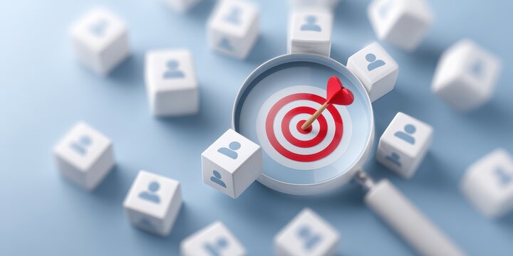 Target Audience Focus: A creative visual representation of focused recruitment or strategic audience targeting, symbolized by a bullseye, magnifying glass, and user icons.