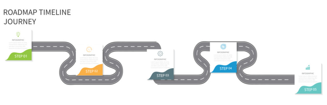 Business road map timeline infographic design with 5 steps. Business road map timeline infographic concept. Software development Road map timeline year.  Vector EPS 10.