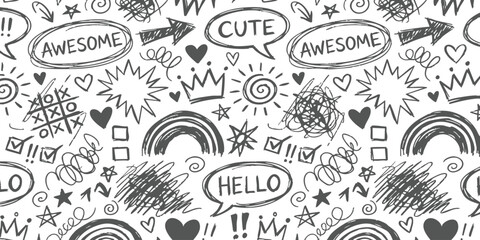 Hand drawn doodle with creative sketches hearts stars speech bubbles and arrows in black ink vector illustration in white background © GraphixEra