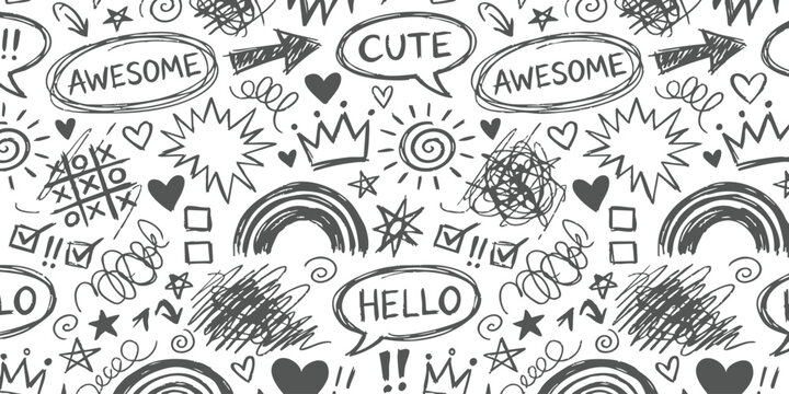 Hand drawn doodle with creative sketches hearts stars speech bubbles and arrows in black ink vector illustration in white background