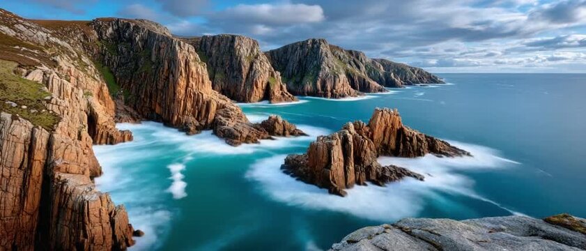 Coastal Majesty: A breathtaking panorama unfolds as the sea gracefully caresses rugged cliffs, displaying nature's raw and enduring beauty. 