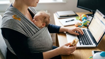 Obraz premium Working Mom with Baby in Sling Working Mom Baby Sling Home Office Multitasking Parenting Remote Work Motherhood. Concept featuring working mom, baby sling, home office, multitasking, parenting for ...