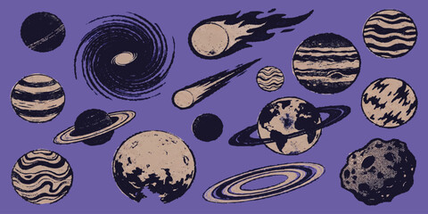Retro hand drawn space collection with planets comets and stars in vintage stipple style vector illustration on purple background © GraphixEra