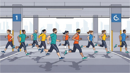 Obraz premium Runners in motion at an urban parking garage with cityscape background