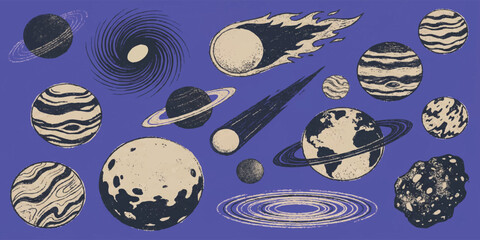 Retro vintage hand-drawn space elements collection with planets comet black hole and asteroid vector illustration on blue background © GraphixEra