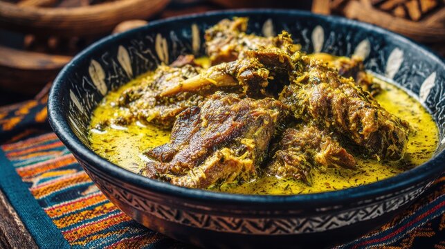A steaming bowl of rich Gulai Kambing, a flavorful Indonesian goat curry dish, showcasing tender meat in a savory sauce.