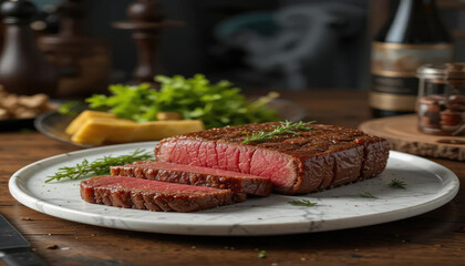 8k view wagyu steak on marble plate.