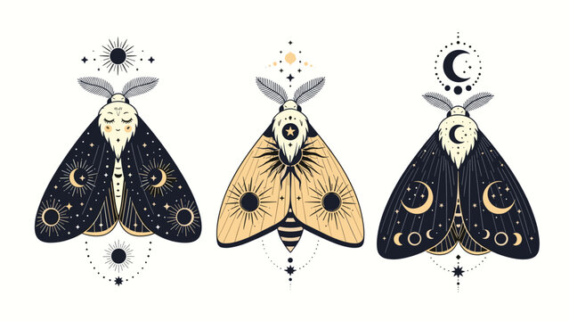 Set of three decorative moths features intricate celestial patterns with sun, moon, and stars on dark and light wing designs.