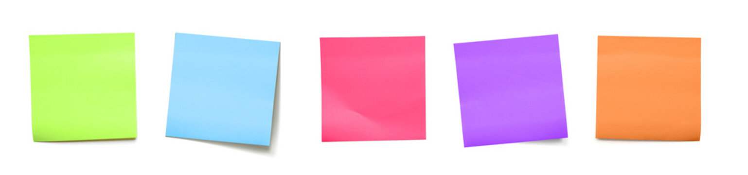 Colorful Sticky Notes in Neon Colors Arranged in Row on transparent Background