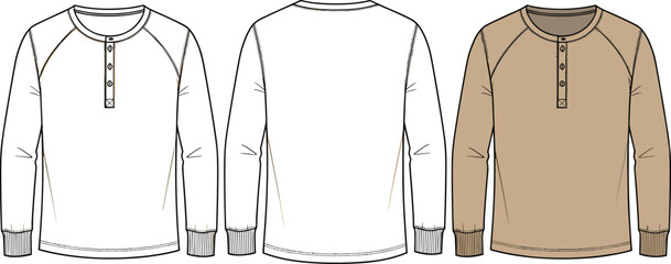 Men's Long Sleeve Henley Shirt Technical Sketch, Button Placket Tee Template, Flat Vector Illustration