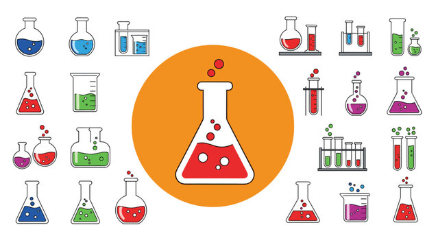 Large set of various laboratory glassware beakers and flasks filled with colorful chemical liquids for science research.